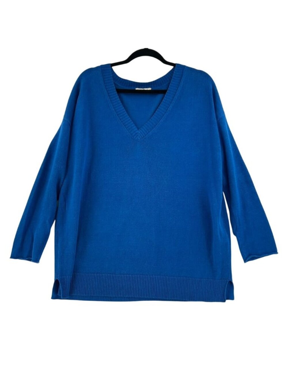 Eileen Fisher Sweater Women's M Blue 100% Organic Linen V-Neck Ribbed Side Slits